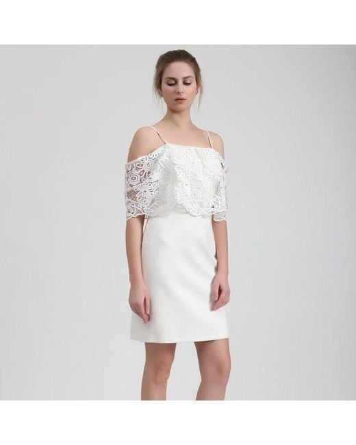 Smart and Joy White Bardot Lace Trim Off-Shoulder Mini Dress