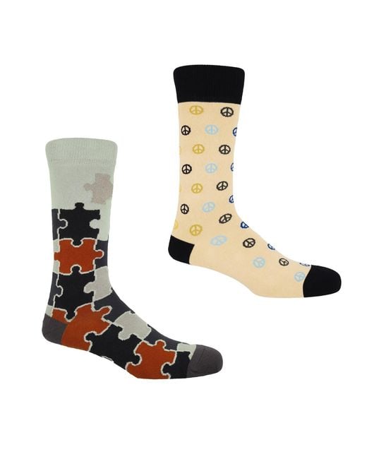Peper Harow - Made in England White Peace & Jigsaw Socks Bundle for men