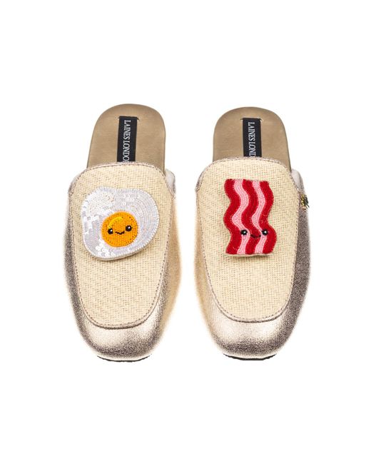 Laines London Metallic Neutrals Classic Mules With Laines Loveables Egg & Bacon Brooches