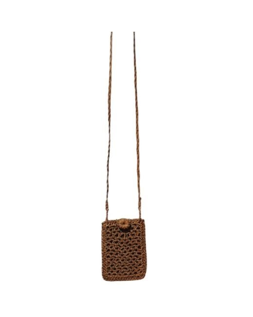 Springmoonatelier Brown Knitted Button Raffia Phone Case Bag