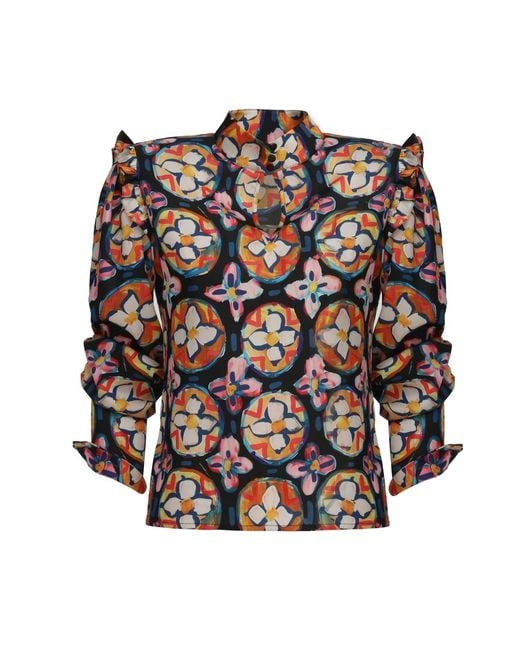 Julia Allert Multicolor Designer Satin Blouse With Bishop Sleeves And Stand Collar – Print