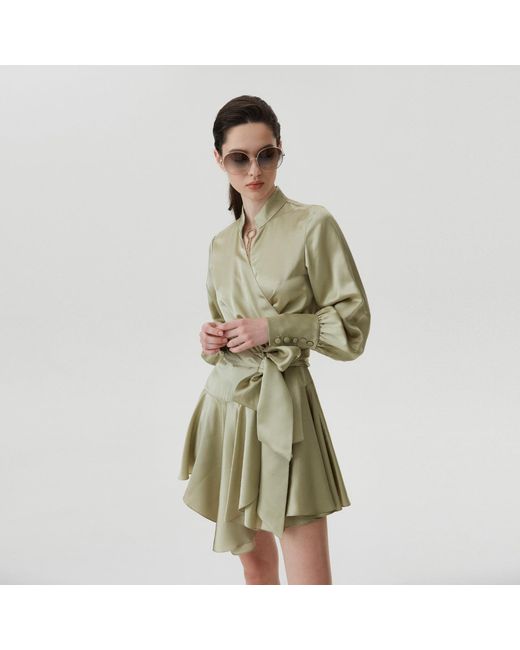 Lita Couture Natural Ruffle Hem Silk Wrap Dress