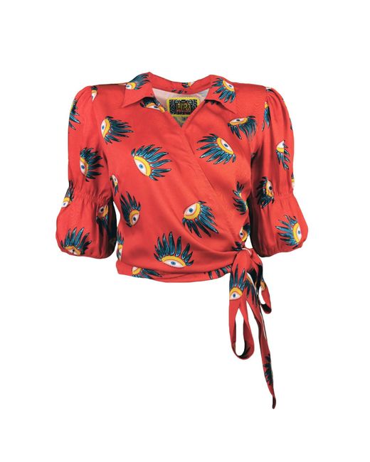 Lalipop Design Double-breasted Red Blouse With Eye Detailed Print