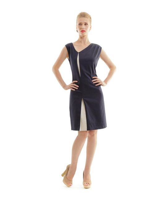 Conquista Blue Sleeveless Contrast Pleat Dress