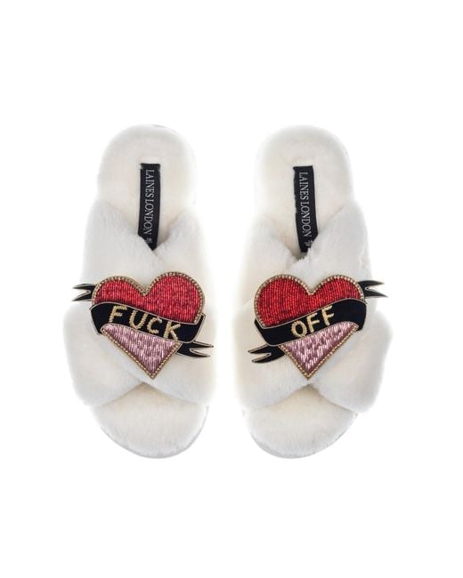 Laines London White Classic Laines Slippers With Fuck Off Brooches