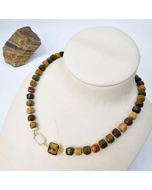 Farra Metallic Cube Shaped Tiger Eye With Moonstone Necklace