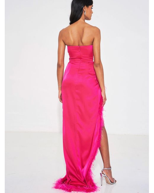 Miss Circle New York Pink Perrin Fuchsia Feather Dress High Slit Gown