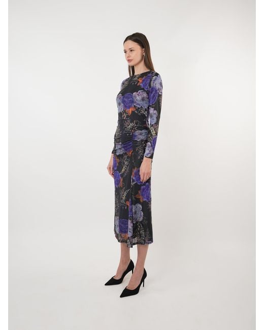 John Abgin Blue Floral Mesh Gathered Midi Dress