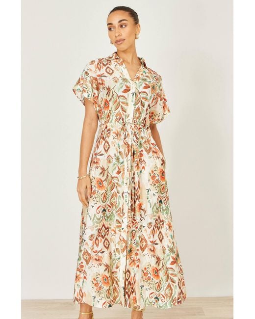 Yumi' Metallic Neutrals Ivory Viscose Relaxed Boho Print Maxi Shirt Dress