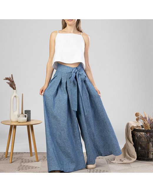 Nikka Place Blue Wide Leg Baggy Linen Pants With High Waist And Front Tie