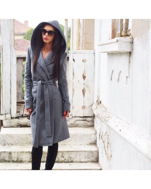 Adrenaline Fashion Blue Long Wool Coat With Hood And Belt – Handmade Designer Winter Overcoat
