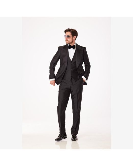 DAVID WEJ Black Signature Three Pieces Satin Peak Lapel Tuxedo for men