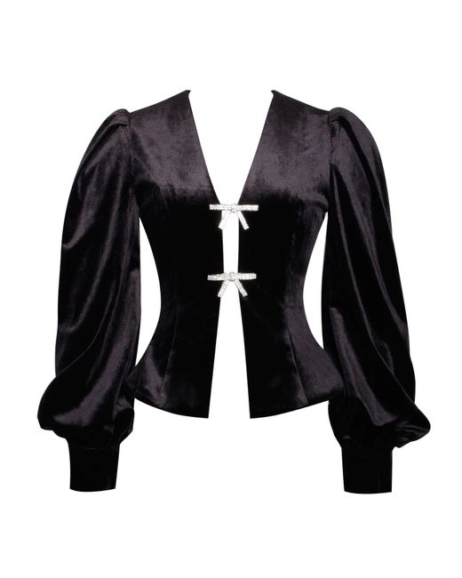 Miss Circle New York Black Krista Velvet Lantern Sleeve Top With Crystal Bow