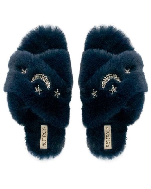 Rettrose Blue Isabel Luxury Plush Diamanté Embellished Handmade Slipper