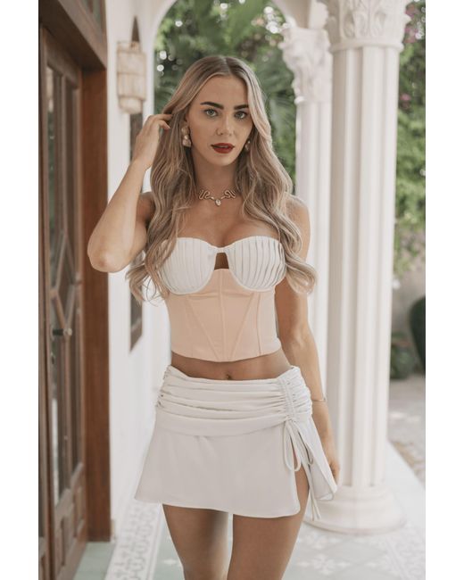 Clerestory Natural Juliette Ruched Satin Drawstring Mini Skirt