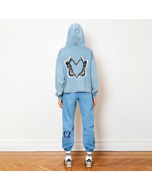 X Ilona Blue Blue Heart With Wings Mist Signature Streetware Distressed Hoodie
