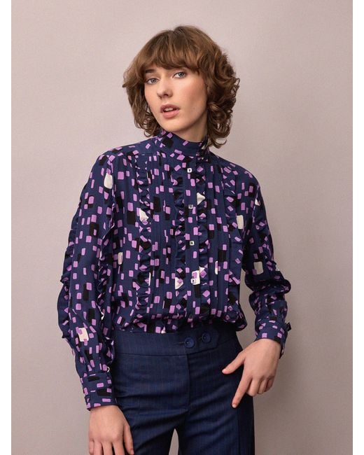 Amanda Thompson Couture Blue Frankie Shirt Abstract Silk Print