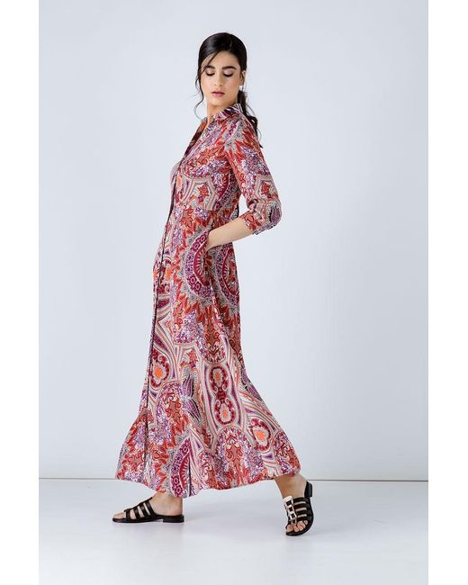 Conquista Red Print Maxi Dress With Buttons
