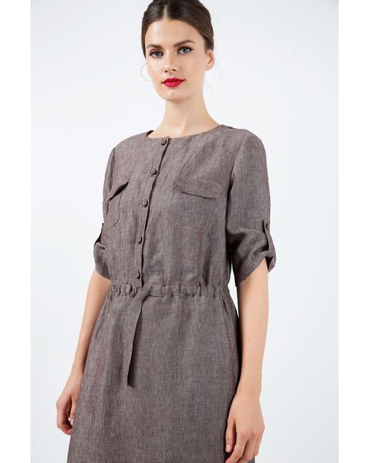 Conquista Brown Straight Linen Dress With Belt Detail