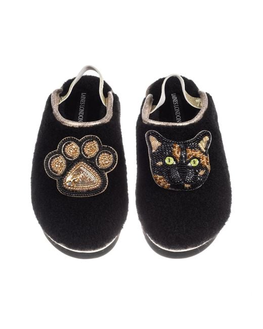 Laines London Black Flatform Cloud Slippers With Misty The Tortoiseshell Cat & Paw Brooches