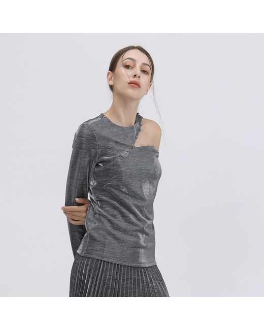 Smart and Joy Gray Asymmetric One Off-Shoulder Shiny Top