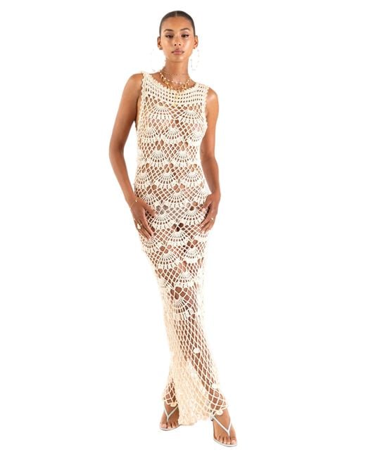 Andreeva White Neutrals Pearl Handmade Maxi Crochet Dress