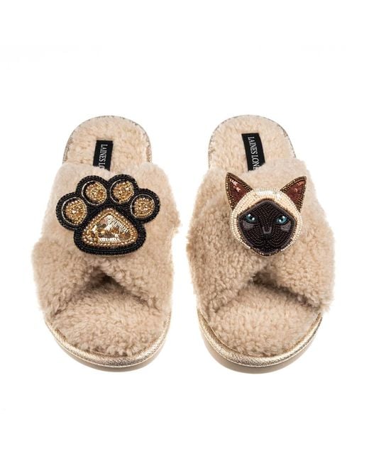 Laines London Metallic Neutrals Boucle Slippers With Paw & Siamese Cat Brooches