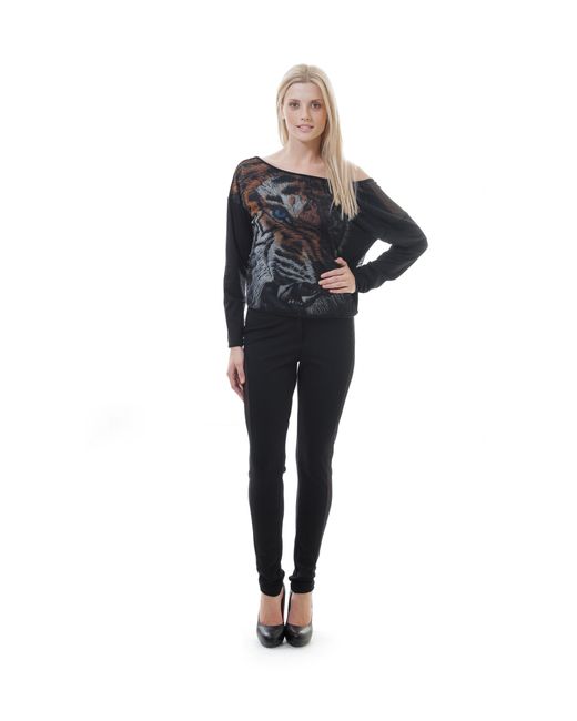 Conquista Black Low Back Sheer Print Top