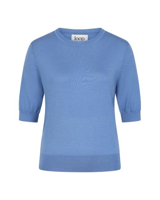 Loop Cashmere Blue Crew Neck Short Sleeve Sweater