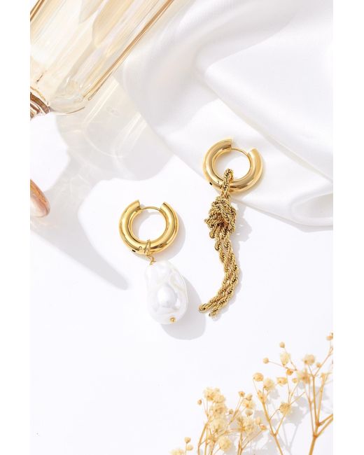 Classicharms Metallic Asymmetrical Rope Chain Baroque Pearl Drop Earrings