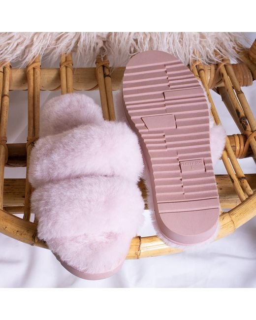 Pretty You London Pink Sheepskin Slider Slipper Jinx In Rose