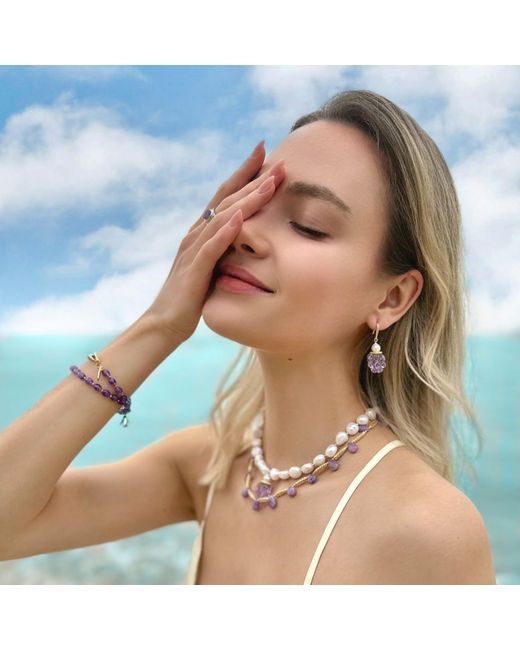 Farra Purple Amethyst With Flower Charms Double Layers Bracelet Or Choker