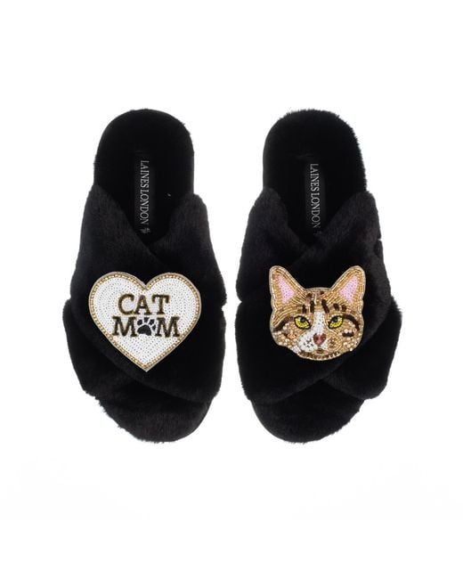 Laines London Black Classic Laines Slippers With Cat Mum Mom & Tabby The Ginger Cat Brooches