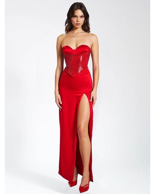 Miss Circle New York Red Kadesha Crystal High Slit Satin Corset Gown