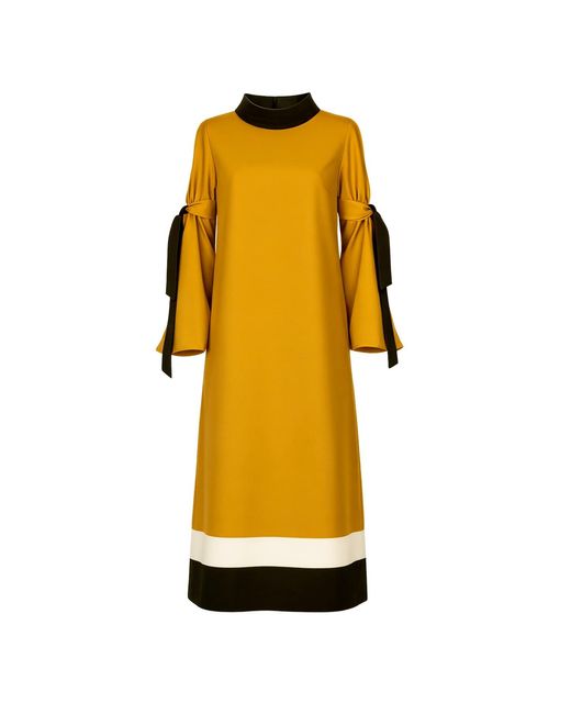 Julia Allert Yellow Designer Straight Slit-Sleeve Midi Dress – Mustard