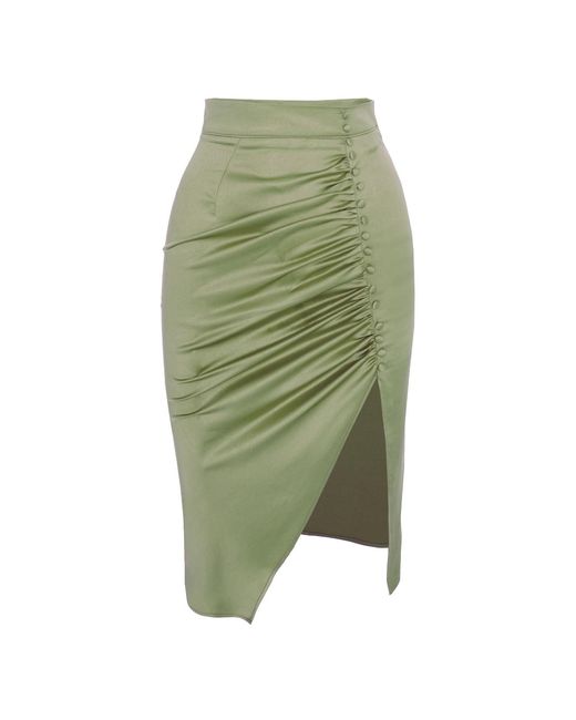 AVENUE No.29 Green Ruched Side Midi Skirt With Button Detail