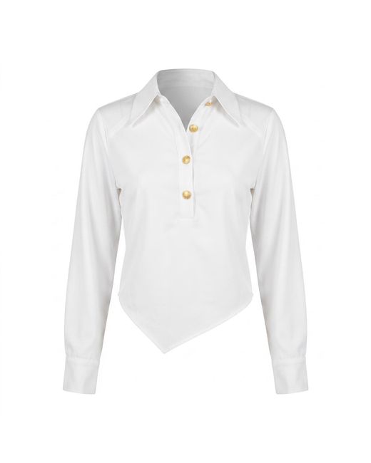 Modenaire White Collared Button Front Blouse With Asymmetrical Hem Detail
