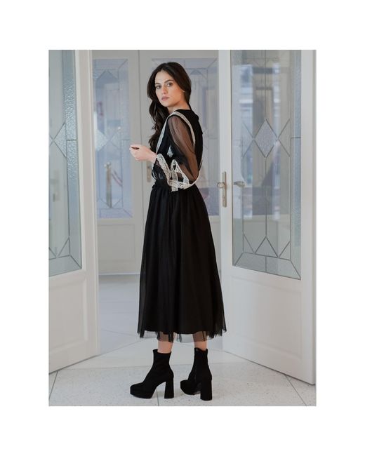 concept A trois Black Tulle Blouse With Polka Dots And Lace Details
