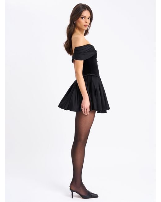 Miss Circle New York Black Echo Velvet Off-Shoulder Pleated Mini Dress