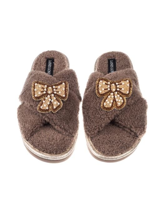 Laines London Brown Neutrals Neutral Boucle Slippers With & Pearl Beaded Pretty Bow Brooches