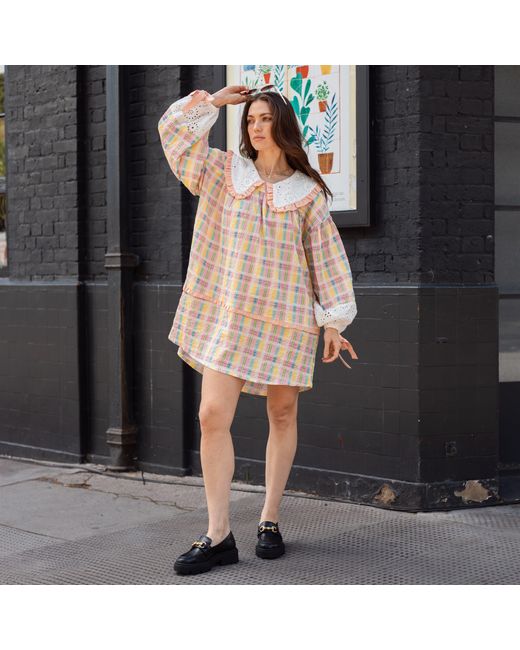 Cara & The Sky Orange Ruby Gingham Collared Balloon Sleeve Mini Dress