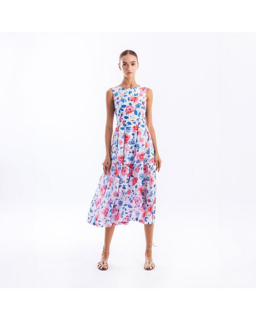 Haris Cotton White Printed Silk Blend Maxi Sleeveless Dress With Elastic Back Waist Wild Rose
