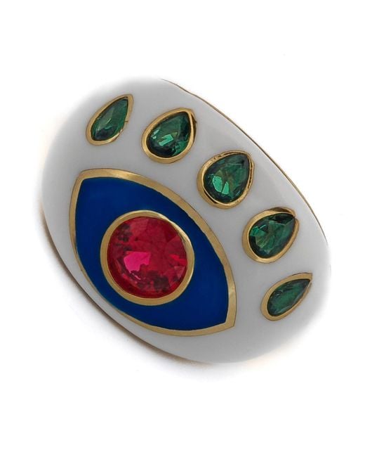 Ebru Jewelry Green Guardian Ruby & Emerald Evil Eye Enamel Adjustable Ring