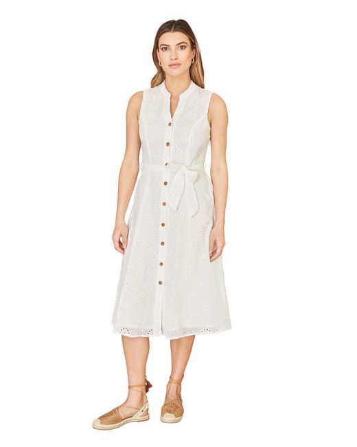 Yumi' White Flower Broderie Anglaise Cotton Shirt Dress