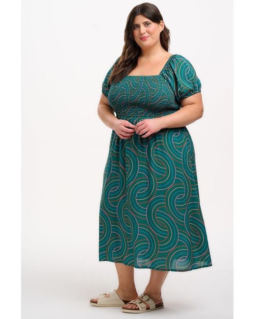 Sugarhill Blue Jolene Shirred Midi Dress, Concentric Circles
