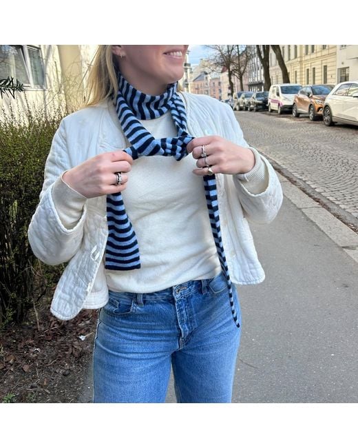 tirillm Blue Pippi Long Trendy Pure Cashmere Scarf, And Denim Stripes