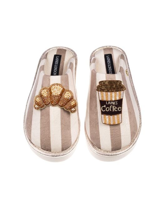 Laines London Multicolor Neutrals Flatform Stripe Closed Toe Slippers With Coffee & Croissant Brooches