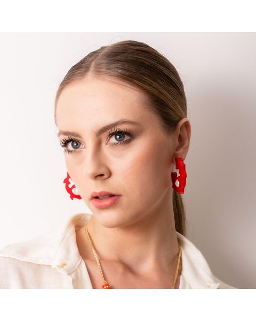Gissa Bicalho Red Handmade Hoop Coral And Pearl L