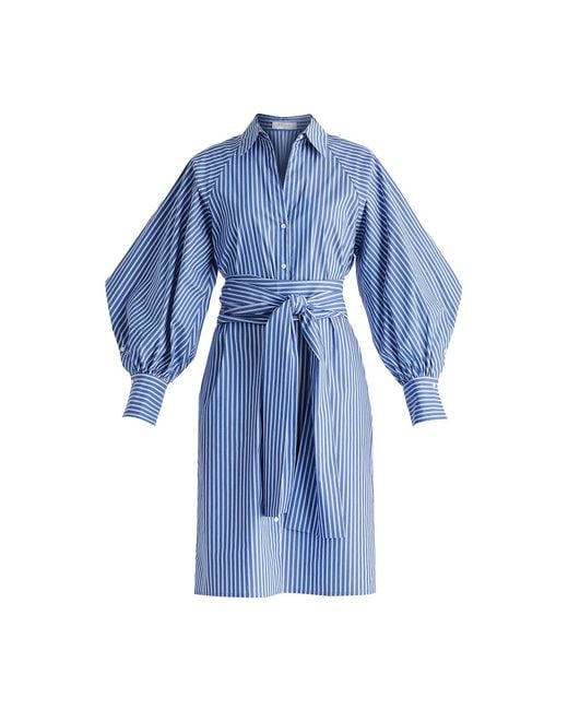 Paisie Blue Striped Volume Sleeve Shirt Dress With Matching Tie Belt