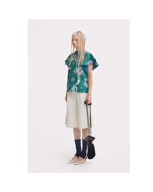 Julia Allert Green Stand Collar Ruffle Sleeve Blouse – Celestial Print